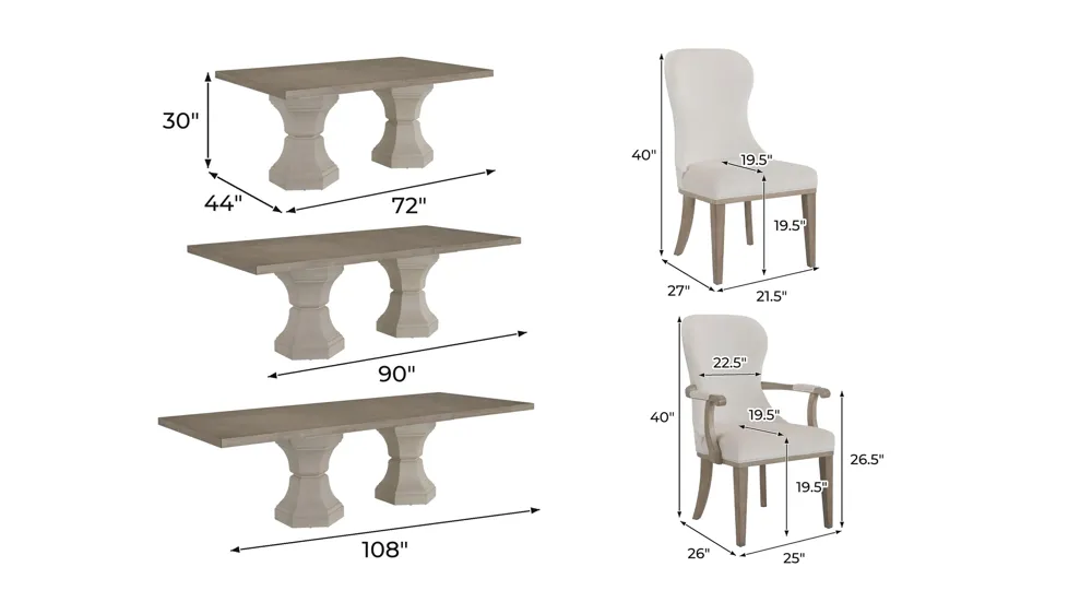 Seraphina 9-pc. Dining Set ( 2 Arm/ 6 Side) Dimensions