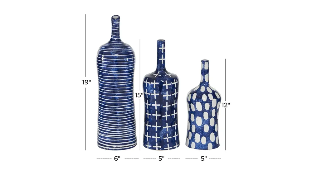 Ivy Collection Blue Ceramic Contemporary Vase Set of 3 Dimensions