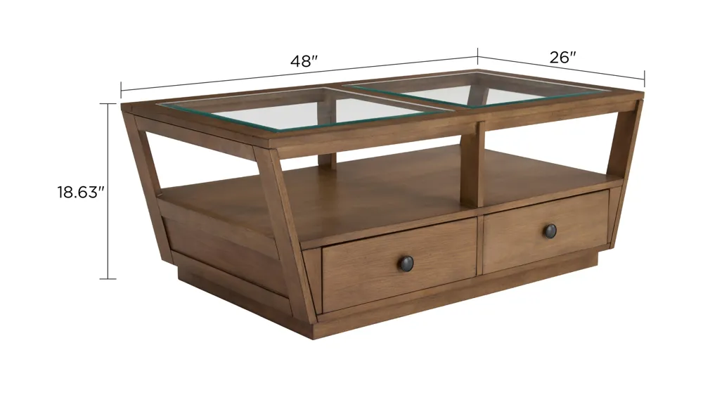Kaywood Glass Top Coffee Table w/Casters Dimensions