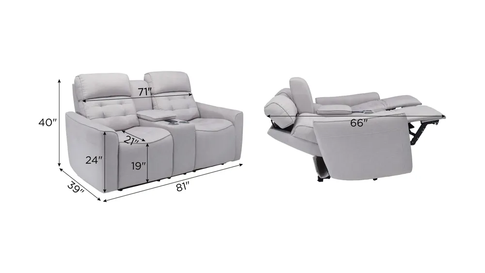 Hanlin Power Console Loveseat w/ Power Headrest, Lumbar, Heat and Massage Dimensions