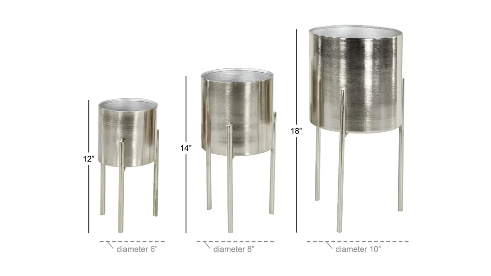 Ivy Collection Silver Metal Planter Set of 3 Dimensions
