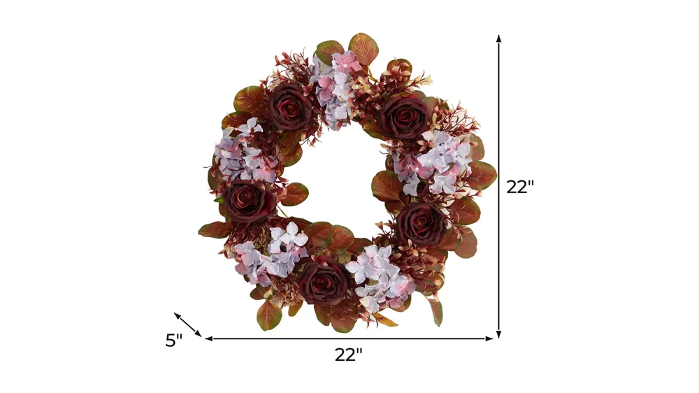 22in. Fall Hydrangea and Rose Autumn Artificial Wreath Dimensions