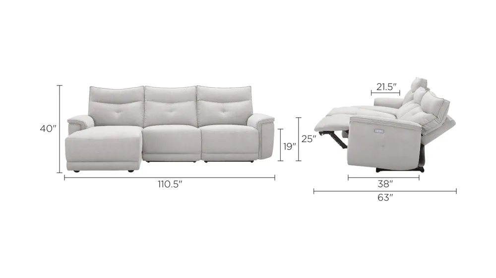 Graceland 3-pc. Sectional Sofa w/ Power Headrests Dimensions