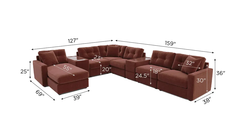 ModularOne 8-pc. Sectional w/One Power Console Dimensions