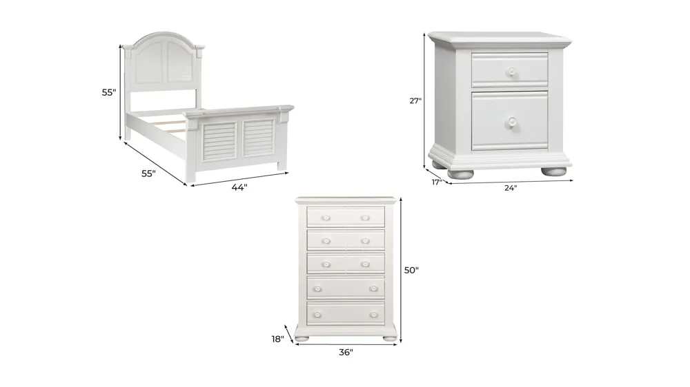 Summer House 3-pc. Bedroom Set with 5 Drawer Chest Dimensions