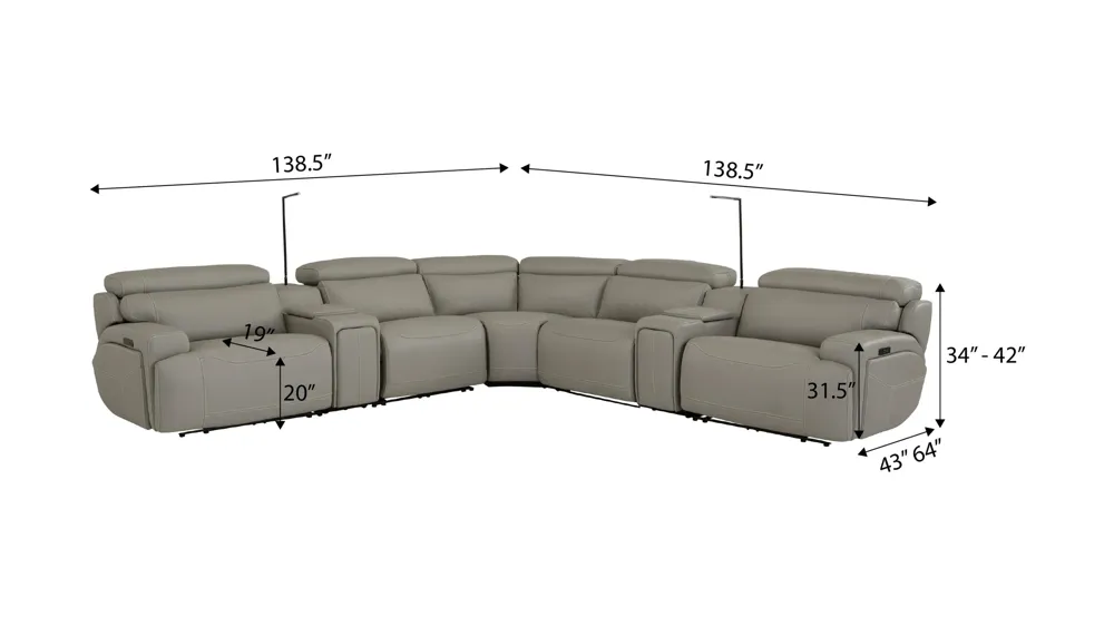 Westmore 7-pc. Dual Power Leather Sectional Dimensions