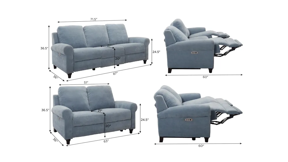 Moorea 2-pc. Power Sofa and Loveseat Dimensions