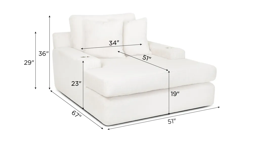 Woolly Small Chaise w/ Dual Cup Holders and USB Dimensions