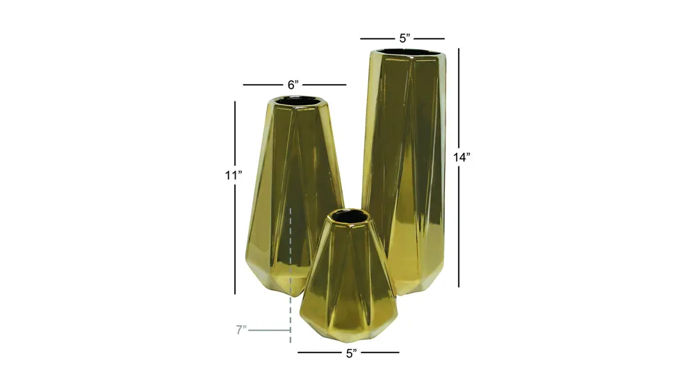 Ivy Collection Gold Ceramic Glam Vase Set of 3 Dimensions