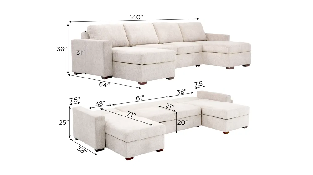 Juniper 4-pc. Reversible Pop-Up Sleeper Chaise Sectional Dimensions