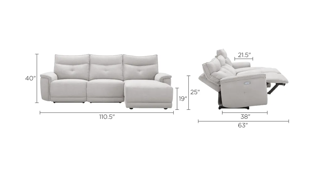 Graceland 3-pc. Sectional Sofa w/ Power Headrests Dimensions