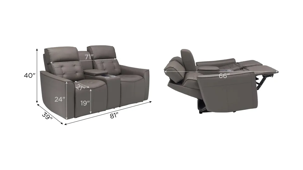 Hanlin Power Console Loveseat w/ Power Headrest, Lumbar, Heat and Massage Dimensions