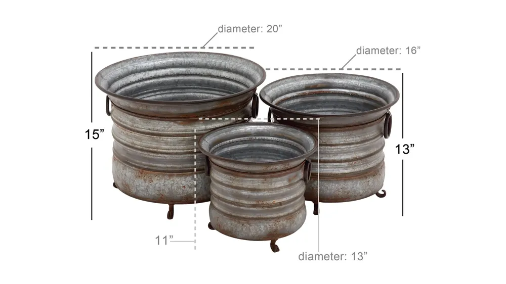 Ivy Collection Gray Metal Planter Set of 3 Dimensions