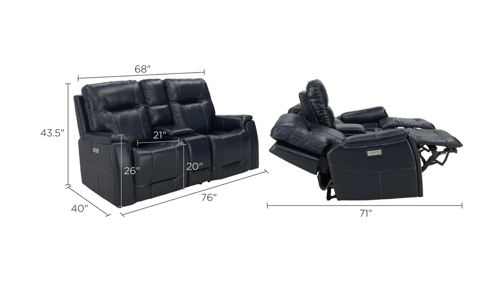 Barnett Leather Layflat Power Console Loveseat w/ Power Headrest and Lumbar Dimensions
