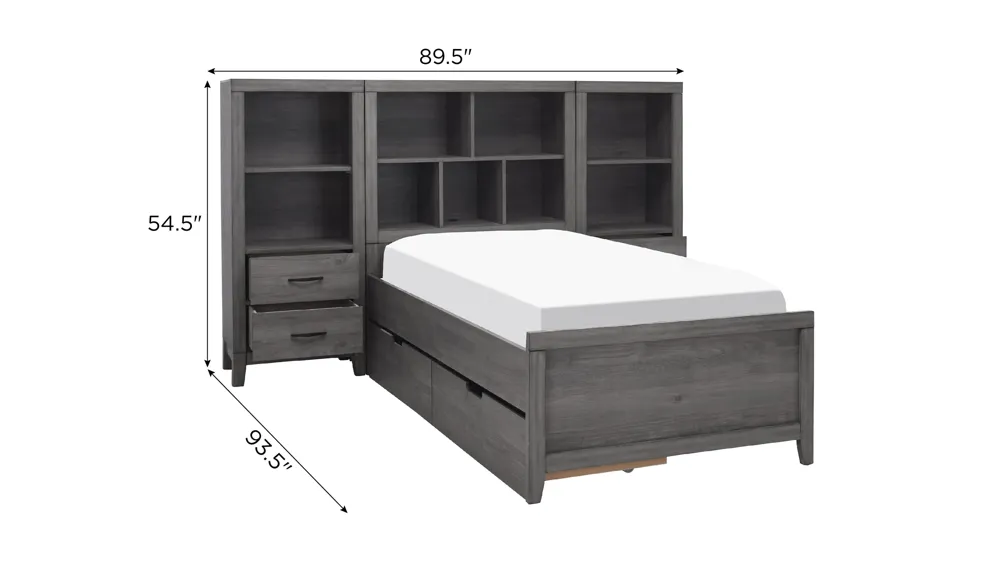 Piper Bed w/ Storage Drawers and 2 Bookshelf Nightstands Dimensions