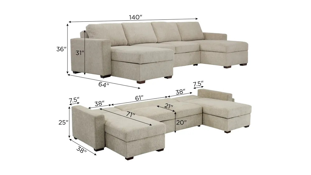 Juniper 4-pc. Reversible Pop-Up Sleeper Chaise Sectional Dimensions