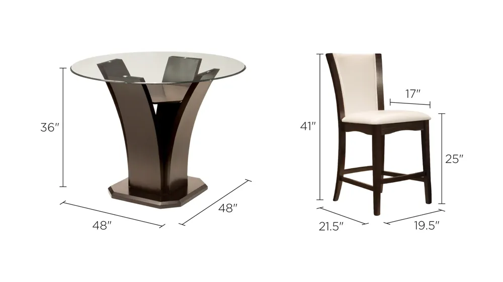 Venice 5-pc 48" Glass Counter-Height Dining Set Dimensions
