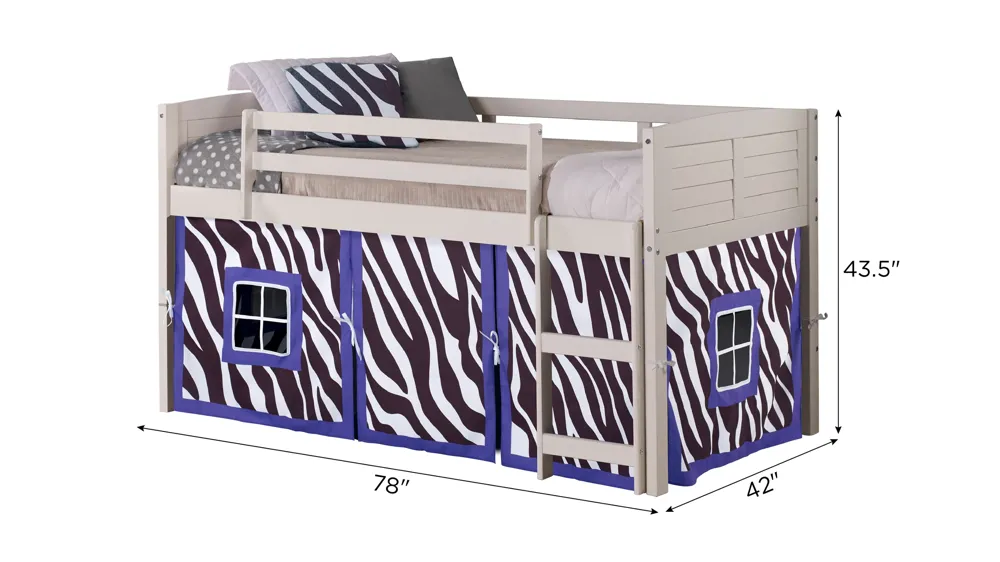 Donco Louver Low Loft Bed with Zebra Print Tent Dimensions