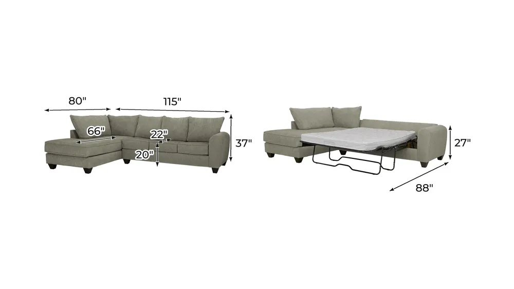 Jaden 2-pc. Sleeper Sofa Chaise Dimensions