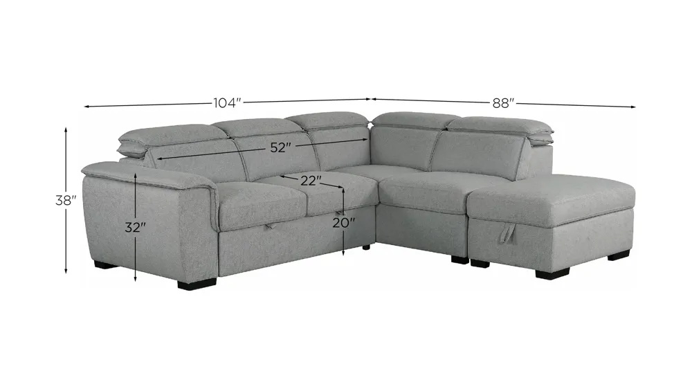 Joss 3-pc. Corner Sofa Bed with Storage Ottoman Dimensions