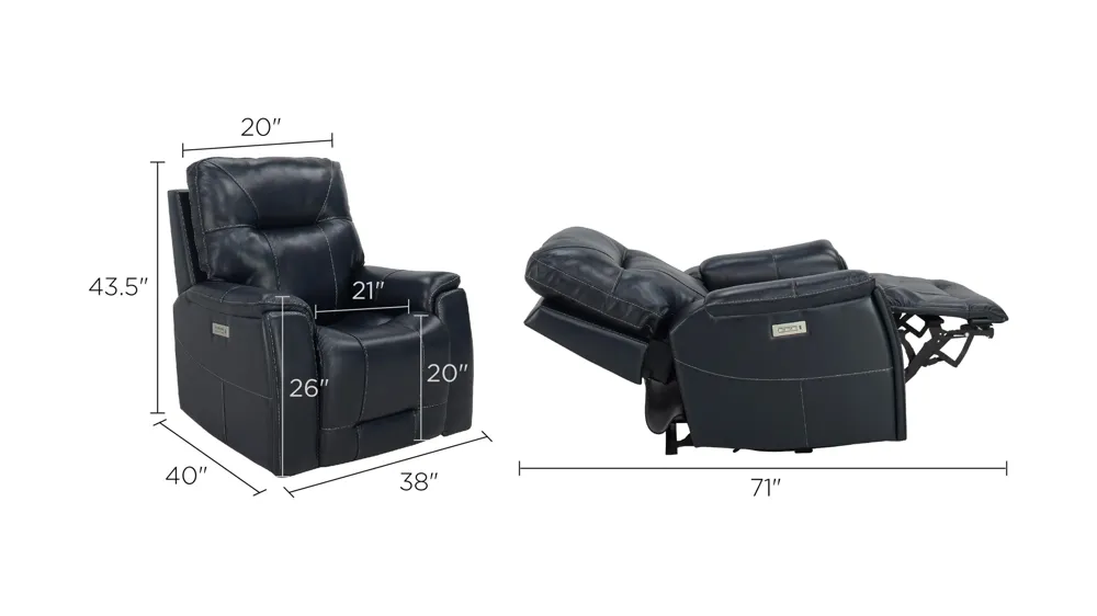 Barnett Leather Layflat Power Recliner w/ Power Headrest and Lumbar Dimensions