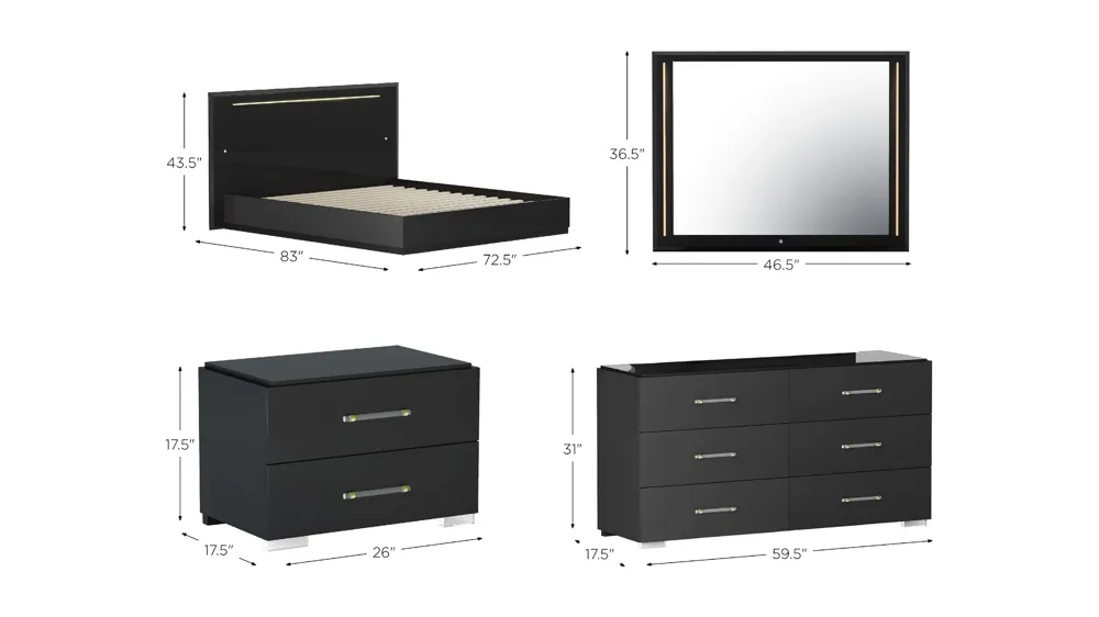 Florence 4-pc. Panel Bedroom Set w/ LED Lighting Dimensions