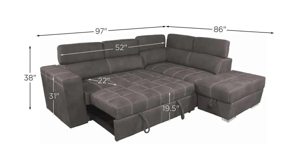Hazell 3-pc. Sleeper Sectional with Storage Ottoman Dimensions