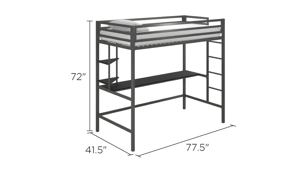 Novogratz Maxwell Loft Bed with Desk & Shelves Dimensions