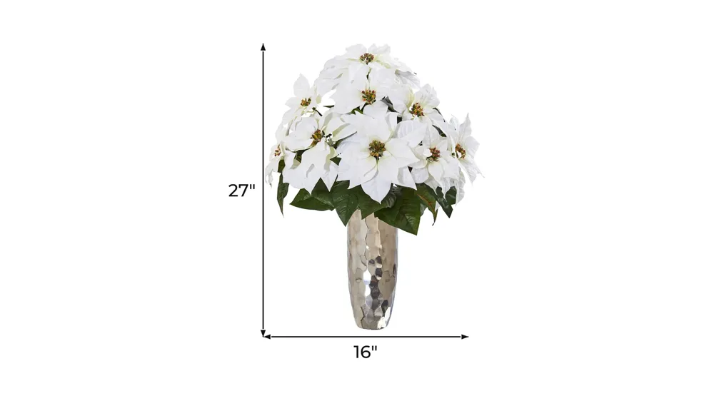 Poinsettia Artificial Arrangement in Silver Cylinder Vase Dimensions