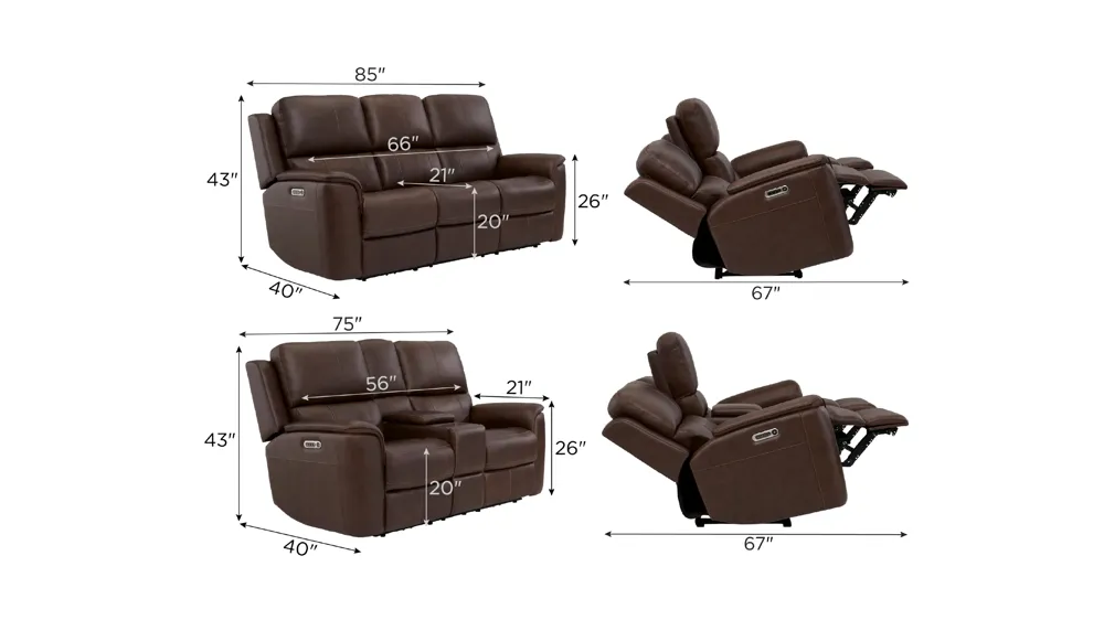 Henrick Triple Power Leather Living Room Set Dimensions