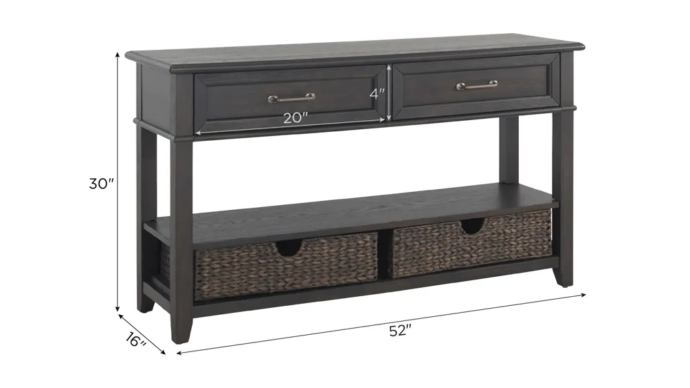 Mill Creek Sofa Table w/ 2 Baskets and Drawers Dimensions