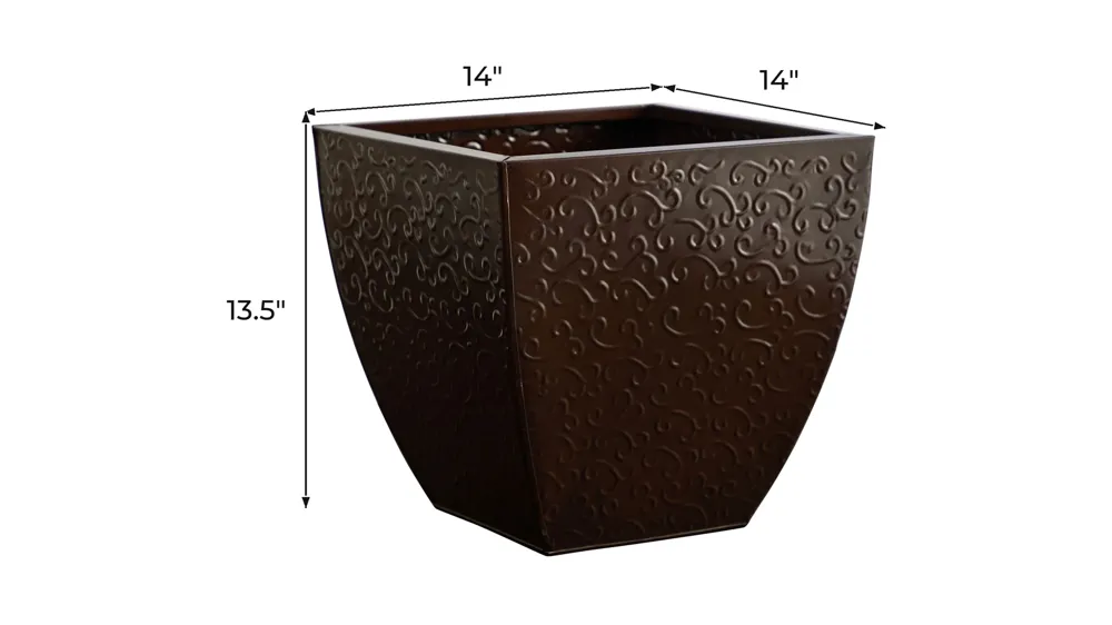 14in. Embossed Metal Scroll Planter Dimensions