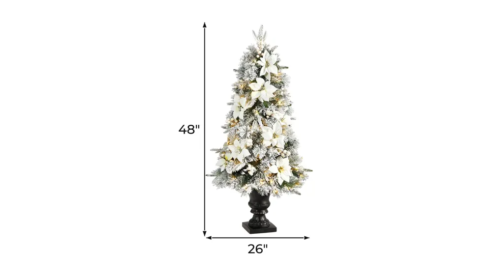 4' Flocked Artificial Christmas Tree with Bendable Branches and Warm Lights in Decorative Urn Dimensions