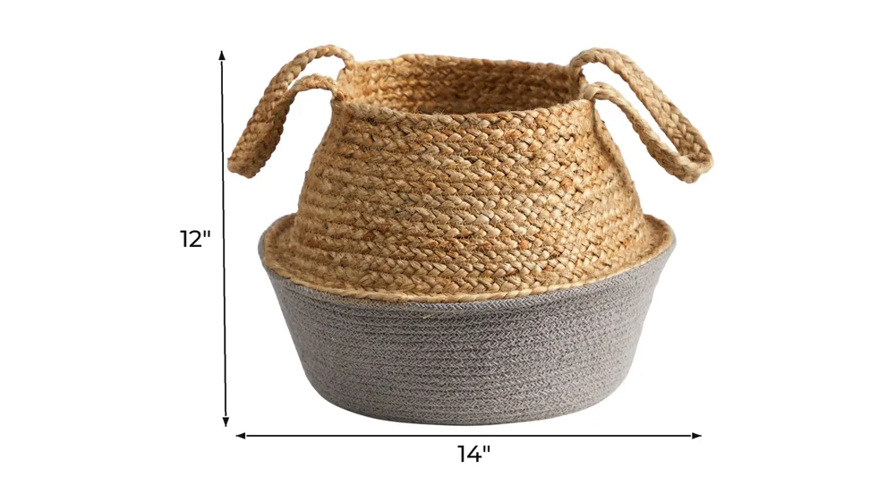 14in. Boho Chic Handmade Cotton & Jute Gray Woven Basket Planter Dimensions