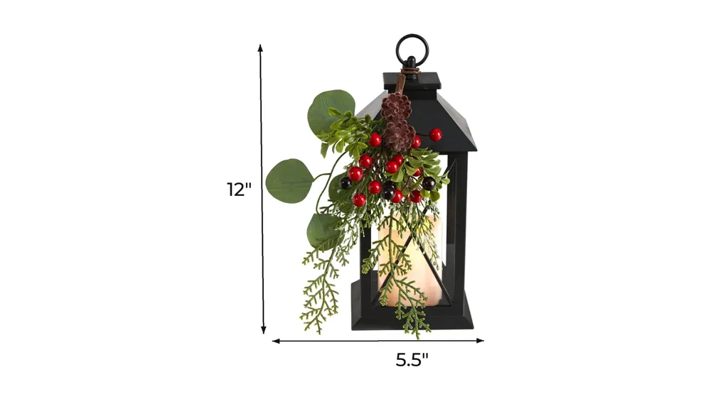 12" Holiday Foliage Metal Lantern Artificial Arrangement with LED Candle Dimensions