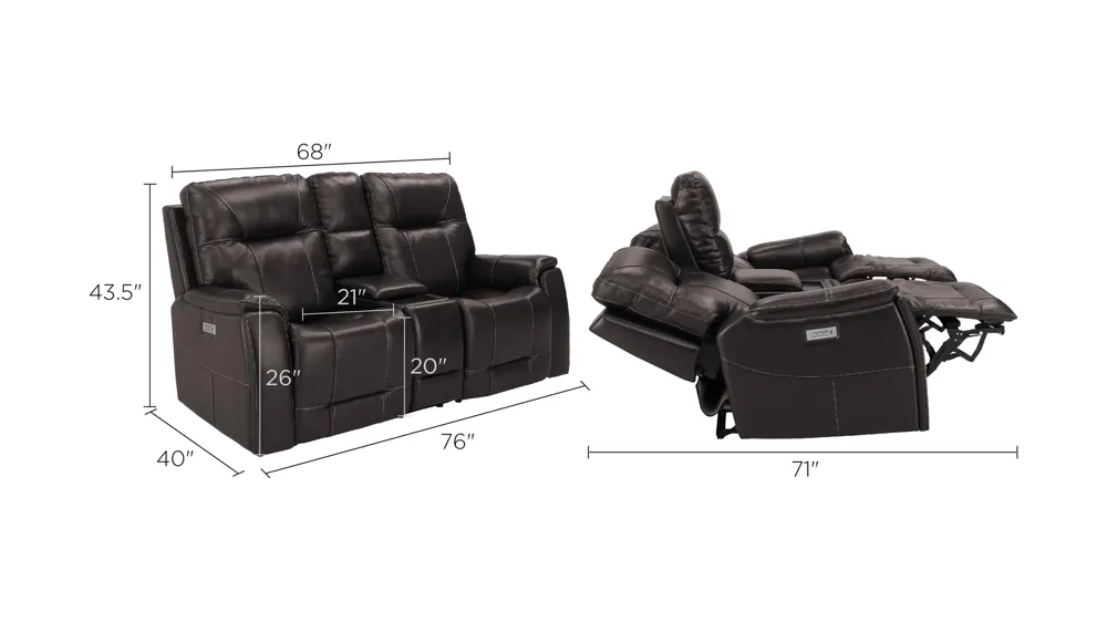 Barnett Leather Layflat Power Console Loveseat w/ Power Headrest and Lumbar Dimensions
