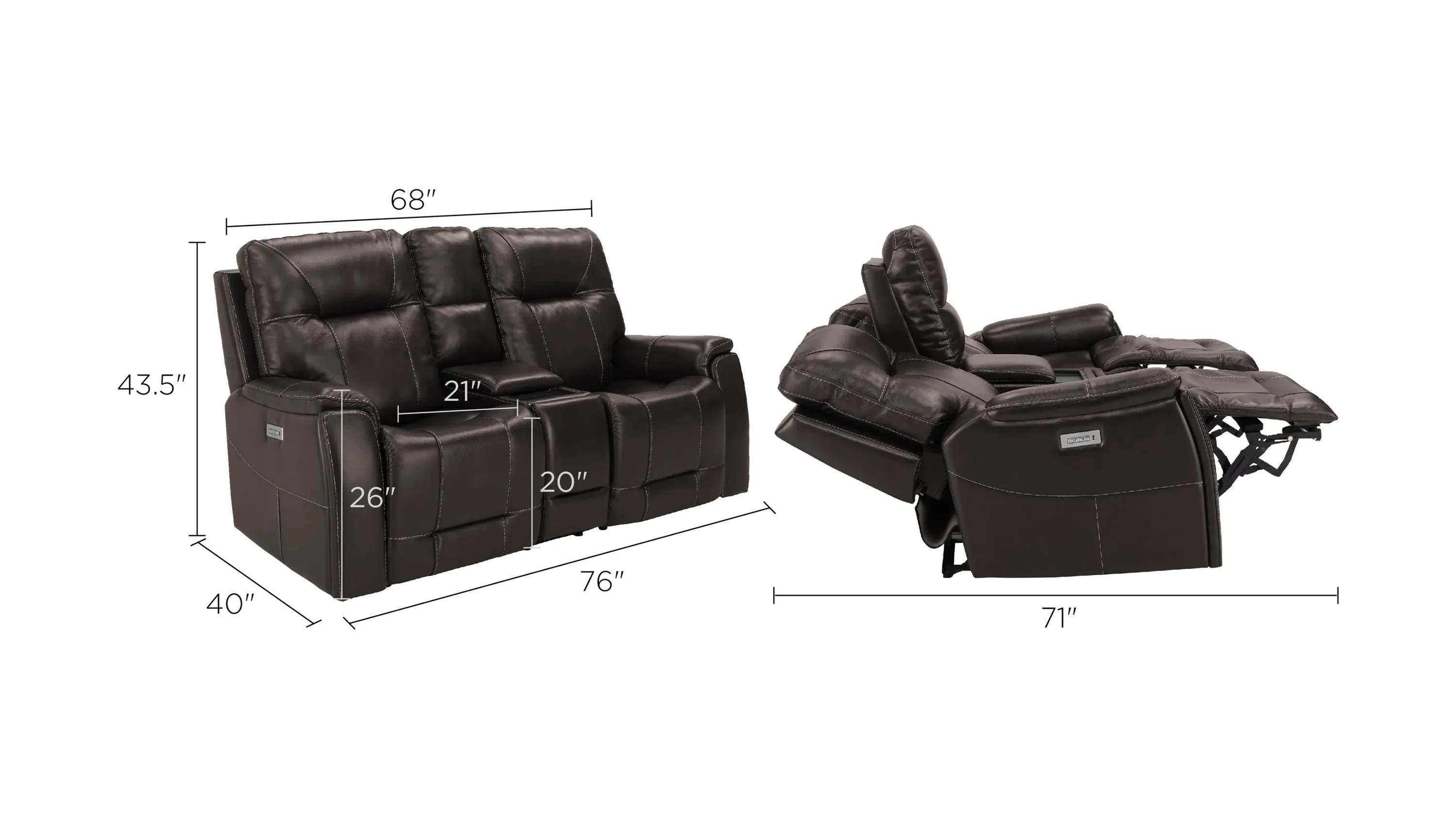 Barnett Leather Layflat Power Console Loveseat w/ Power Headrest