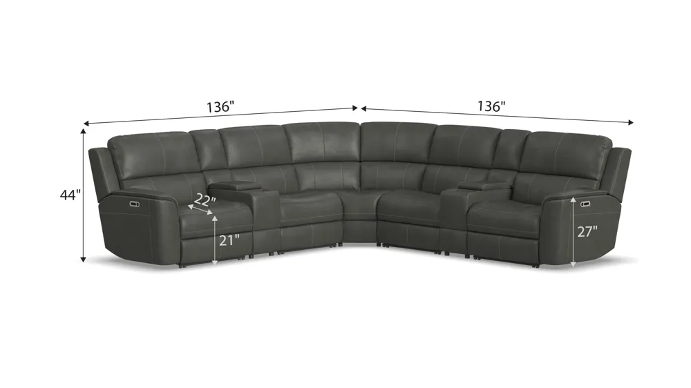 Henrick 7-pc. Triple Power Leather Sectional Dimensions