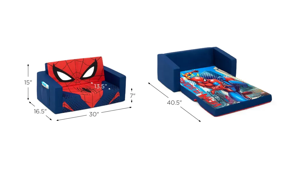 Spider-Man Cozee Flip-Out Kids Sofa 2-in-1 Convertible Sofa to Lounger by Delta Children Dimensions