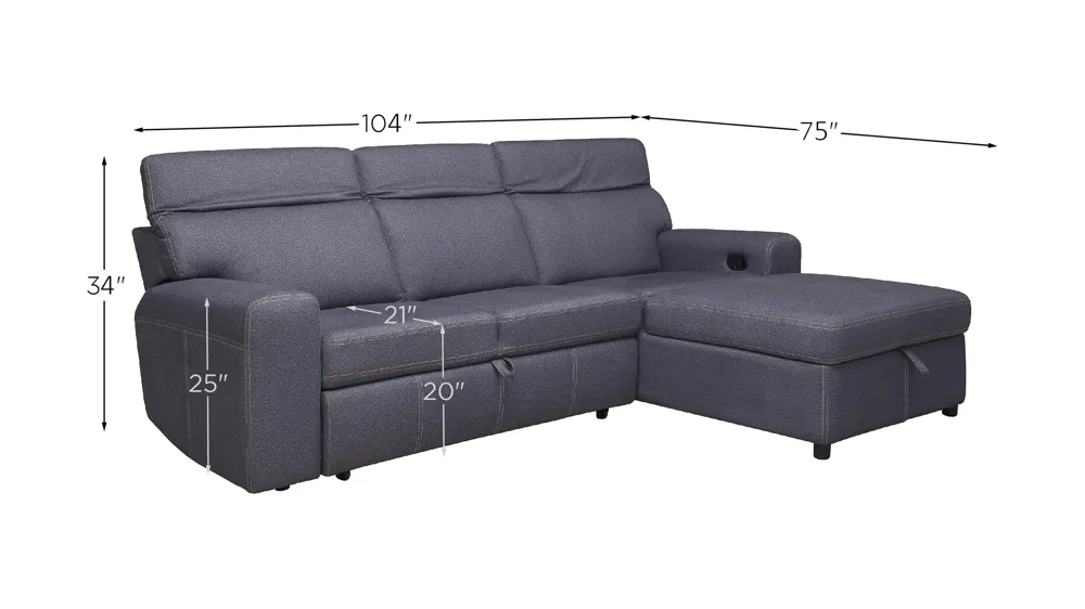 Aspen 2-pc. Right Arm Facing Sofa Chaise w/ Pop-Up Sleeper and Ratchet Headrest Dimensions