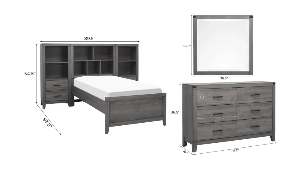 Piper 4-pc. Bedroom Set w/ 2 Bookshelf Nightstands Dimensions