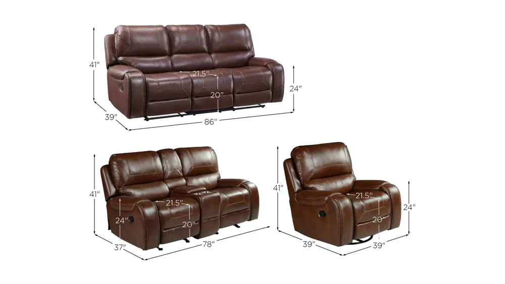 Keily 3-pc. Sofa, Loveseat, & Recliner Set Dimensions