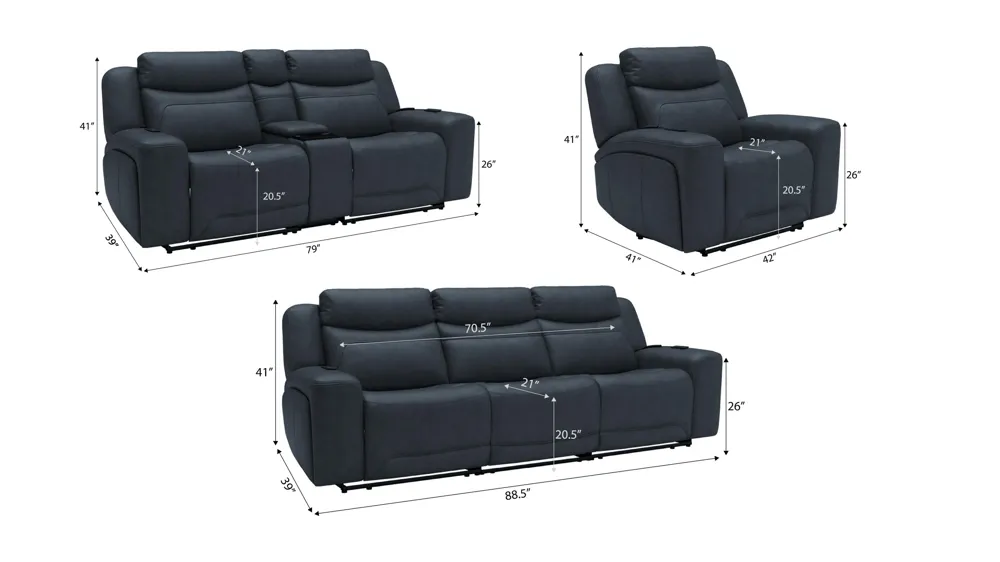 Morgenthal Triple Power Living Room Set w/ Heat & Massage Dimensions