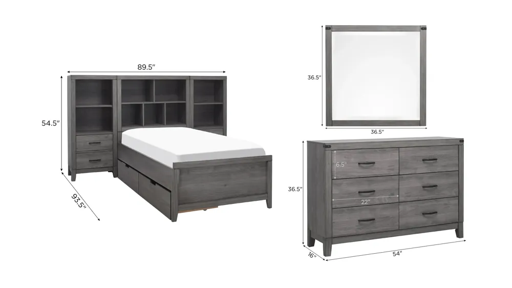 Piper 4-pc. Bedroom Set w/ Storage Drawers and 2 Bookshelf Nightstands Dimensions