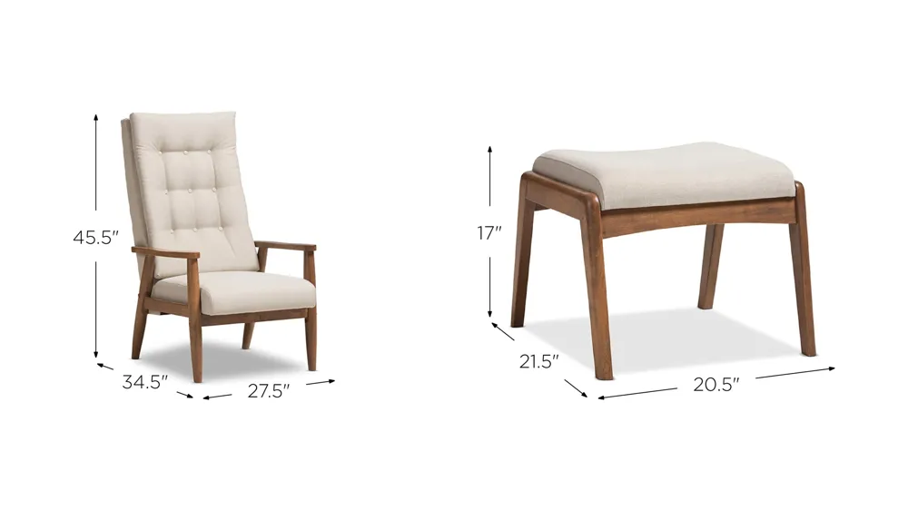 Roxy High-Back Lounge Chair and Ottoman Set Dimensions