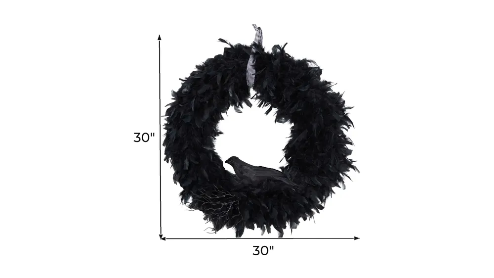 30" Halloween Foliage Raven Feather Wreath Dimensions