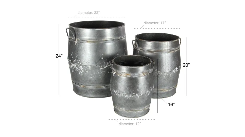 Ivy Collection Gray Metal Planter Set of 3 Dimensions