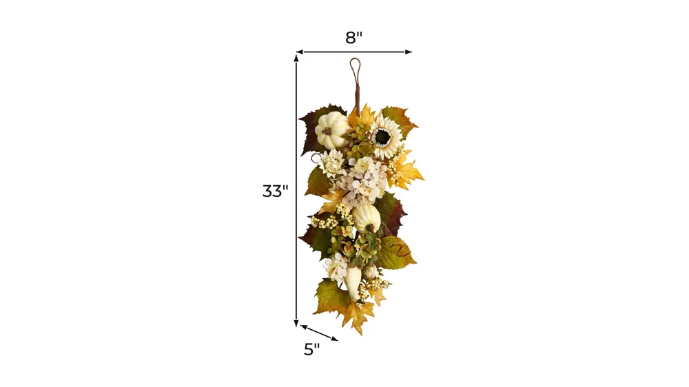33in. Fall Sunflower, Hydrangea and White Pumpkin Artificial Autumn Teardrop Dimensions