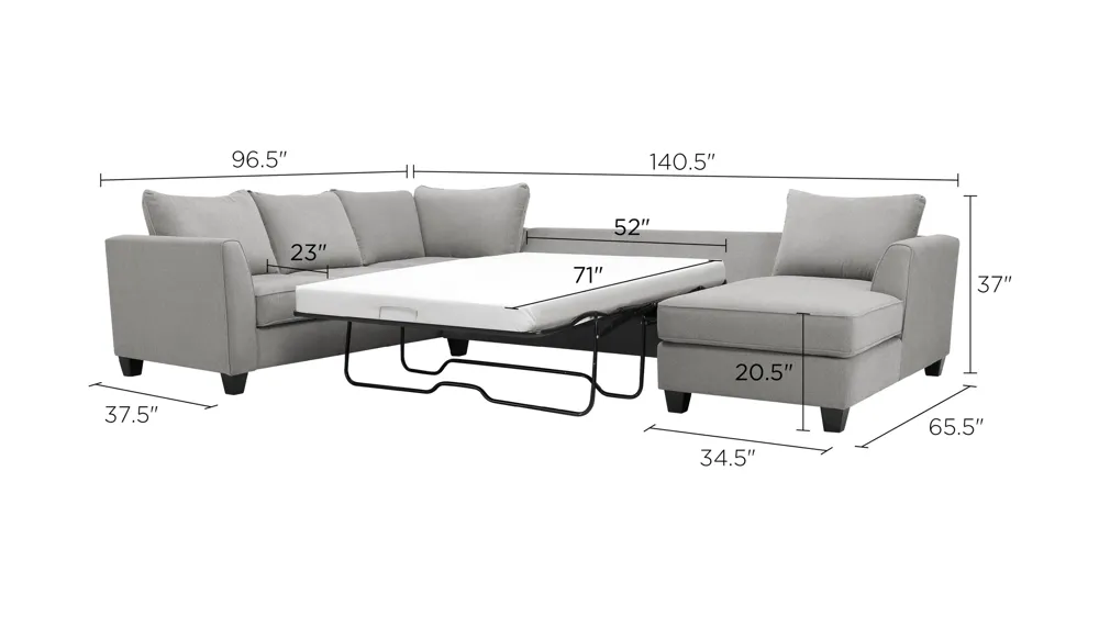 Daine 3-pc. Sectional Sofa w/ Full Sleeper Dimensions