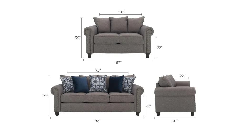 Emilia 2-pc. Sofa and Loveseat Set Dimensions